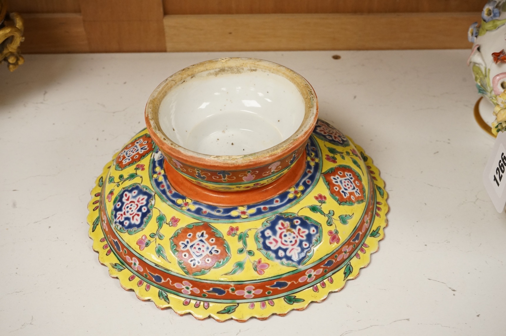 A late 19th century Chinese bencharong stem dish, made for Thai market, 23cm diameter